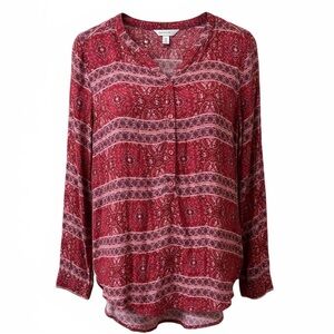 Lucky Brand Top L Large Red Mixed Print‎ Long Sleeve Striped Boho Tunic Blouse